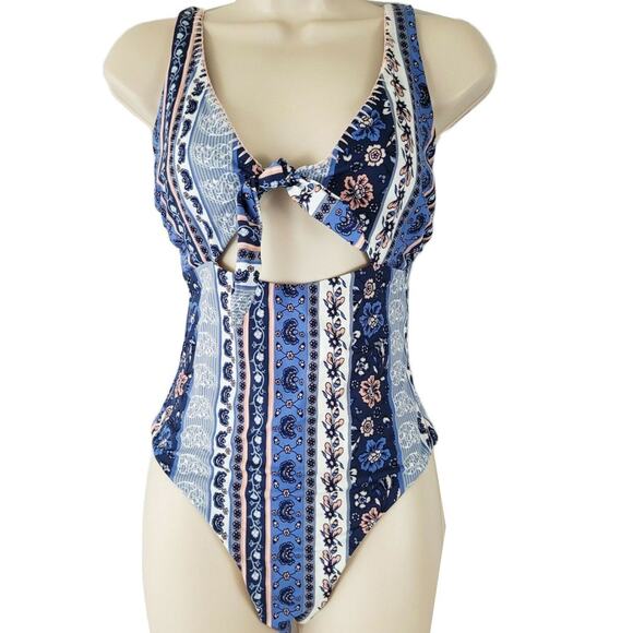 Mink Pink One Piece Swimsuit Size Small Blue Print Bounty Tie Front Womens - Picture 2 of 9